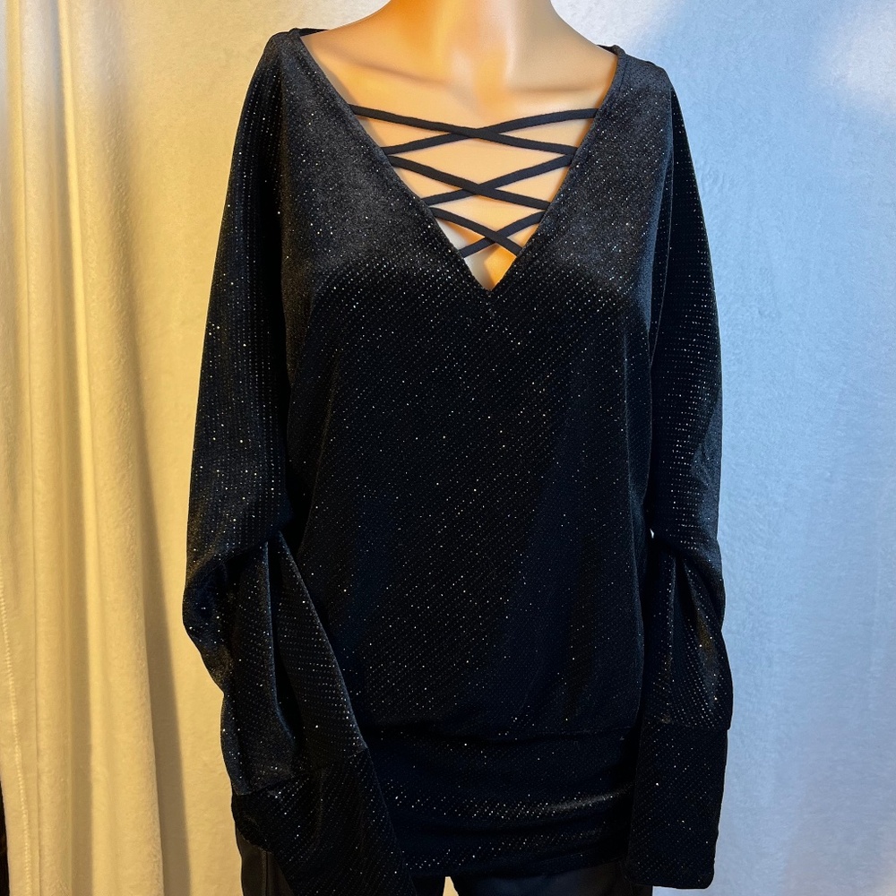 Jennifer Lopez Sparkly Black Lace-Up Long Sleeve Top Size Small Glam Party